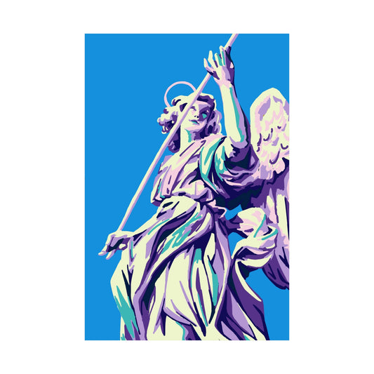 Colorful stylized depiction of an angel statue holding a sword against a blue background, digital art poster by a transgender artist.