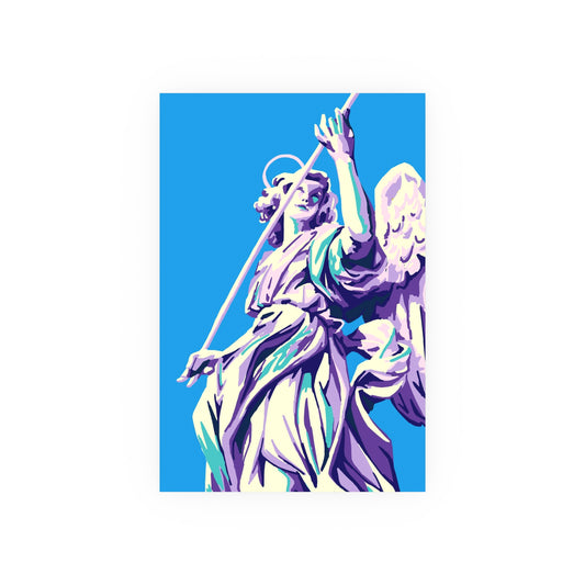 Colorful stylized depiction of an angel statue holding a sword against a blue background, digital art print by a transgender artist.