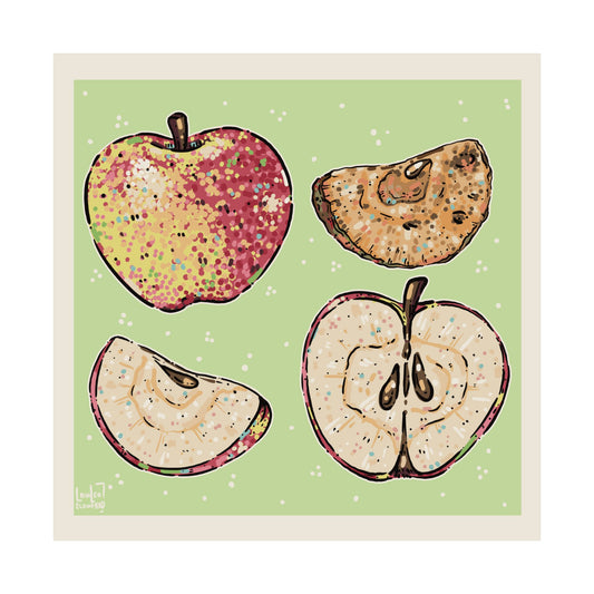 Illustration of a whole and sliced apple on a green background, digital art poster by a transgender artist.