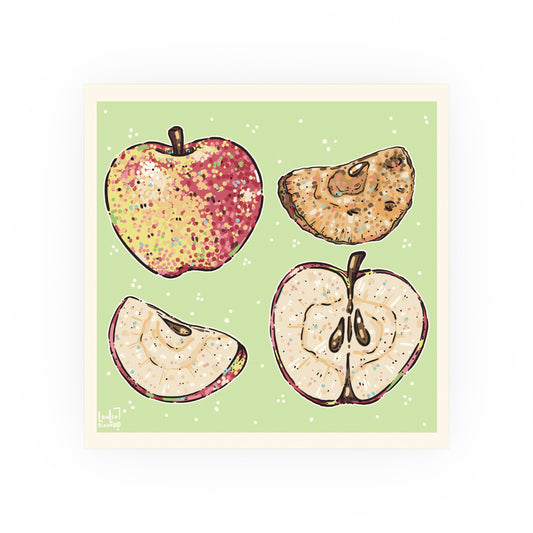 Illustration of a whole apple and apple slices on a green background, digital art print by a transgender artist.