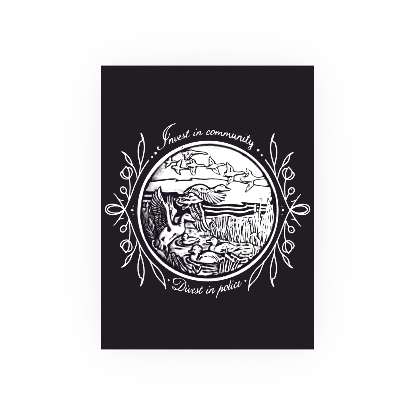 Black and white birds flying illustration and text on a black background, digital art print by a transgender artist