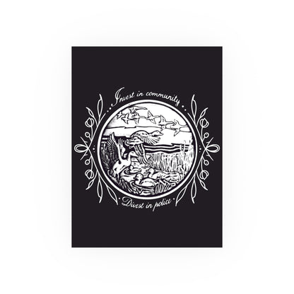 Black and white birds flying illustration and text on a black background, digital art print by a transgender artist