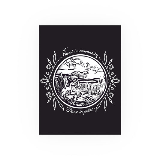 Black and white birds flying illustration and text on a black background, digital art print by a transgender artist