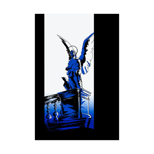 Blue angel statue on pedestal against black and white background, digital art poster by a transgender artist.