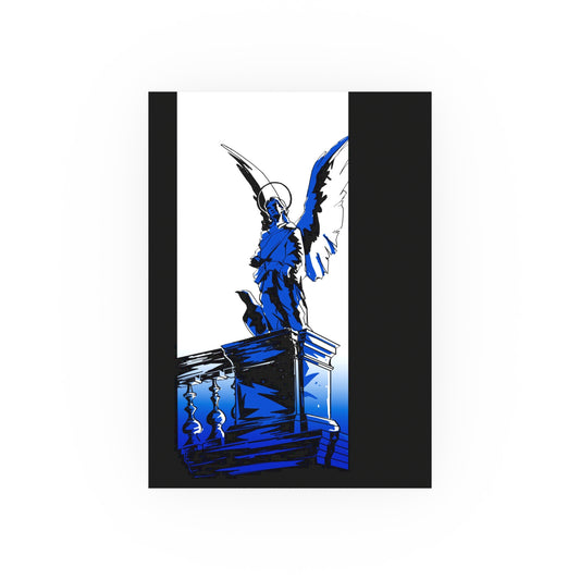 Blue angel statue on pedestal against black and white background, digital art print by a transgender artist.