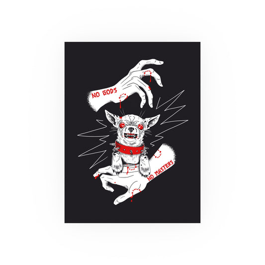 punk illustration of a chihuahua with a red collar and a hand holding it, on a black background, digital art print by a transgender artist.