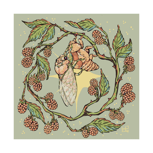 Illustration of a cicada on a branch with leaves and berries on a light green background, digital art poster by a transgender artist.