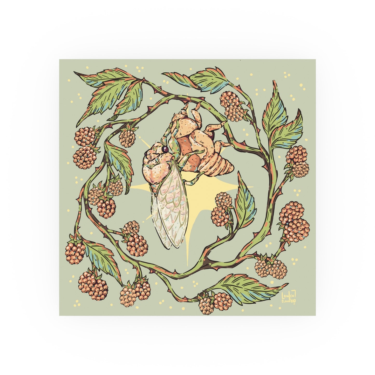 Illustration of a cicada emerging from its shell surrounded by leaves and berries on a light green background, digital art print by a transgender artist.