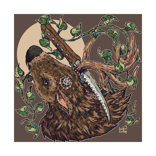 Illustration of a deer head with antlers pierced by a knife, surrounded by leaves on a brown background, digital art poster by a transgender artist.