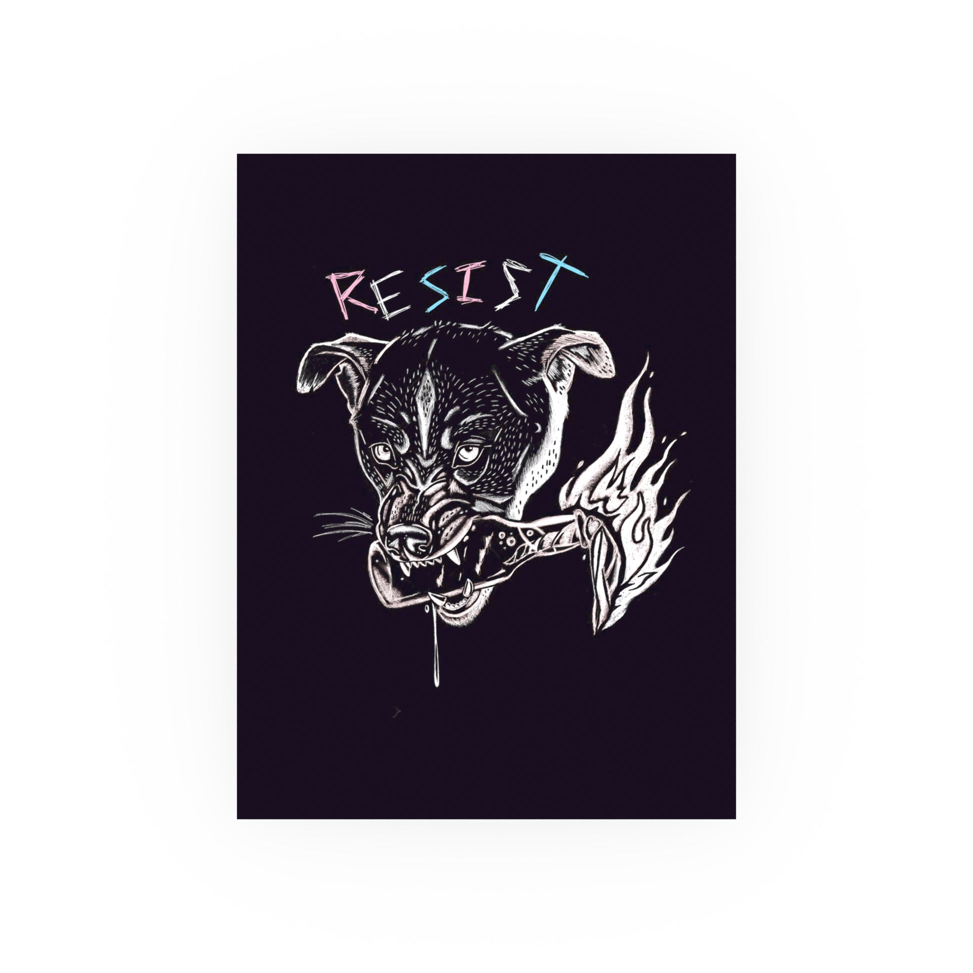 Illustration of a dog's head with flames and the word 'RESIST' on a black background, digital art print by a transgender artist.