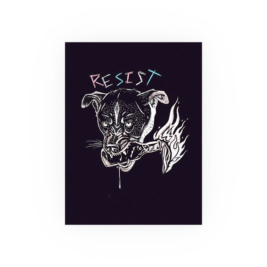 Illustration of a dog's head with flames and the word 'RESIST' on a black background, digital art print by a transgender artist.