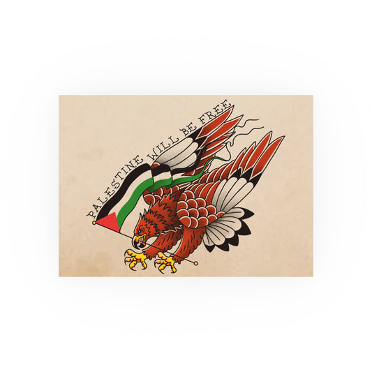 Eagle with Palestinian flag design on a beige background, digital art print by a transgender artist.