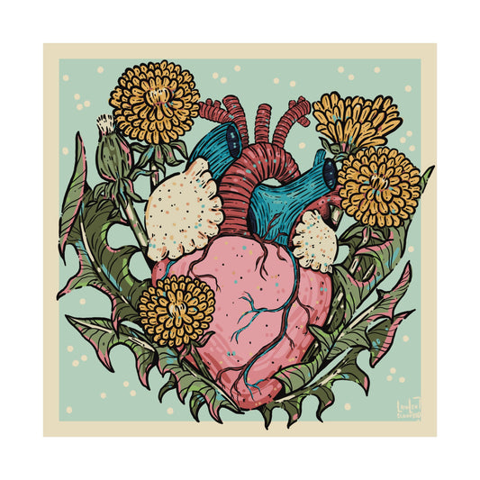 Illustration of a heart surrounded by flowers on a light blue background, digital art poster by a transgender artist.