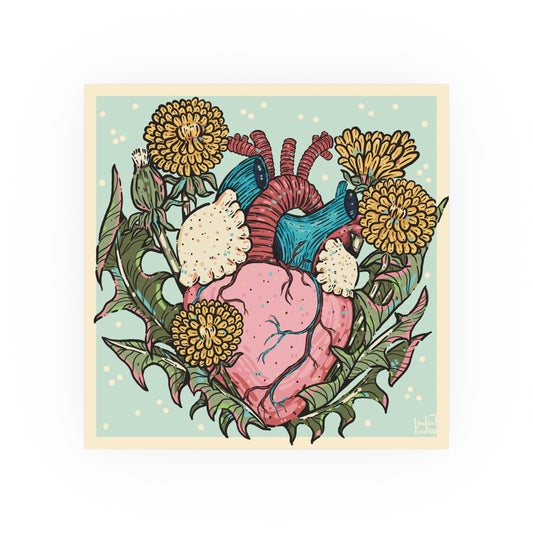 Illustration of a heart with floral elements on a light blue background, digital art print by a transgender artist.