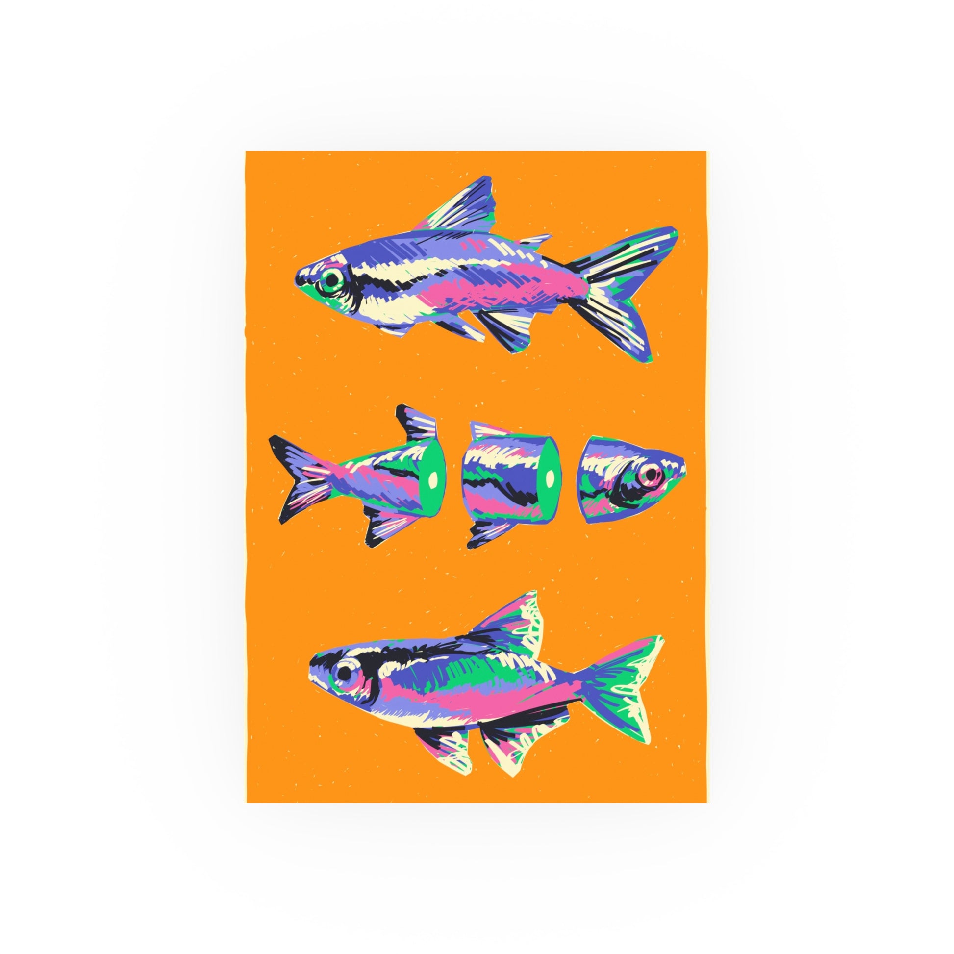Modern, colorful fish illustrations on an orange background, digital art print by a transgender artist.