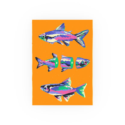 Modern, colorful fish illustrations on an orange background, digital art print by a transgender artist.
