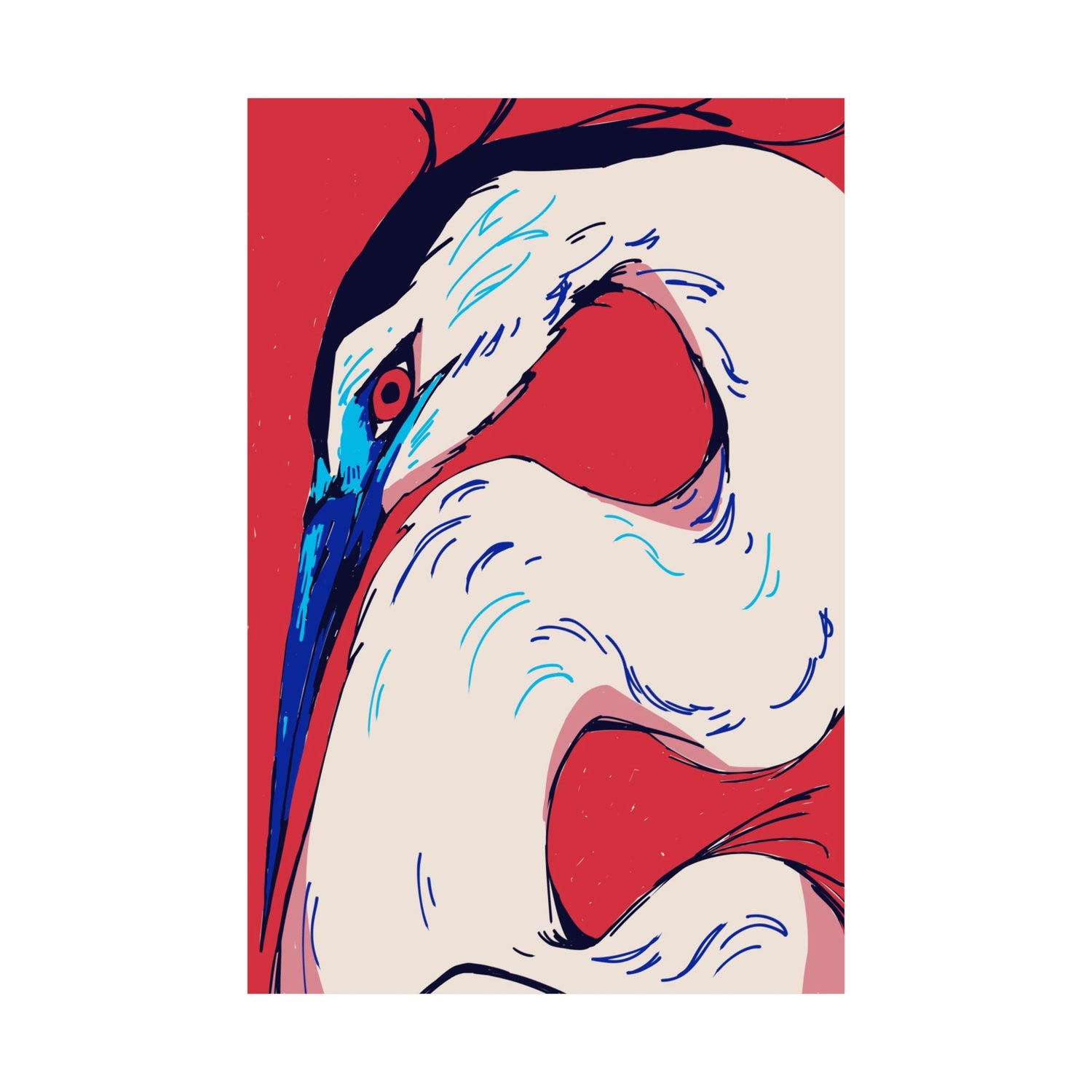 Artistic modern illustration of a heron with a red background, digital art poster by a transgender artist.