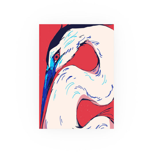 Colorful modern illustration of a heron with a red background, digital art print by a transgender artist.
