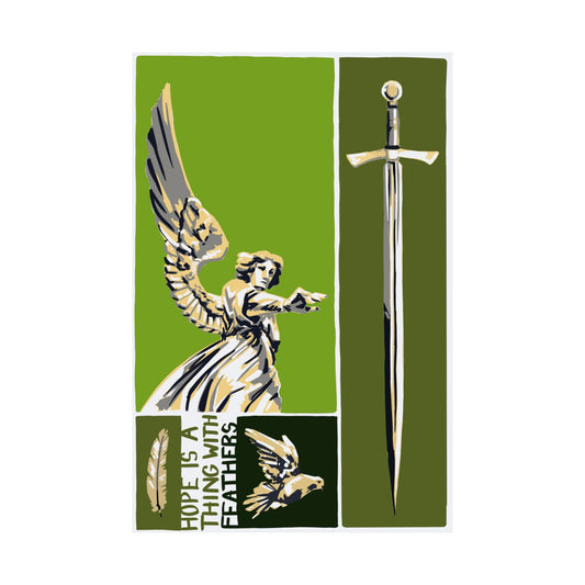 Decorative sword illustration with angel design on a green background, digital art poster by a transgender artist.