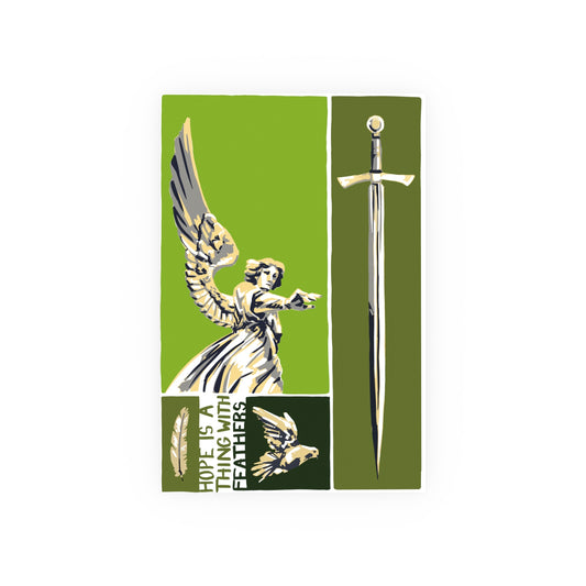 Design with angel, sword, and text on a green background, digital art print by a transgender artist.
