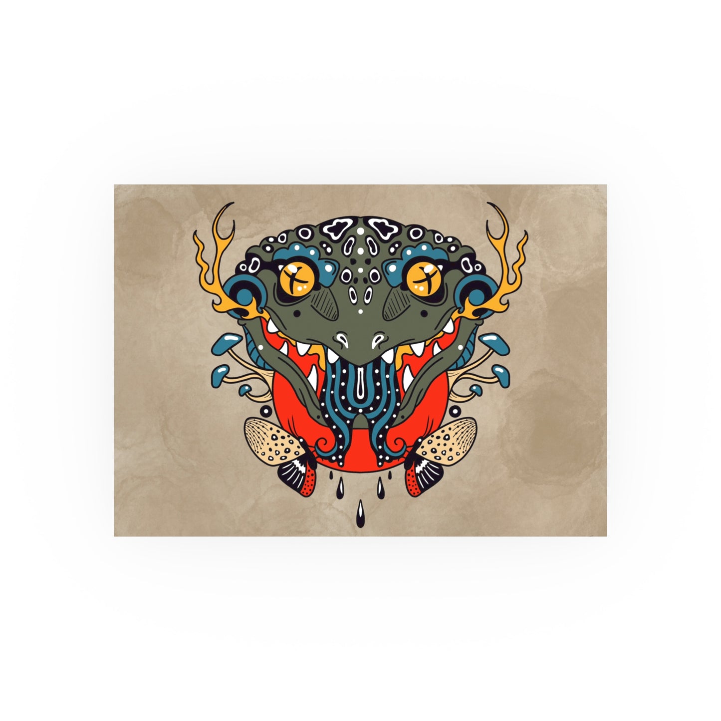 Colorful tattoo-style illustration of a frog on a beige background, digital art print by a transgender artist