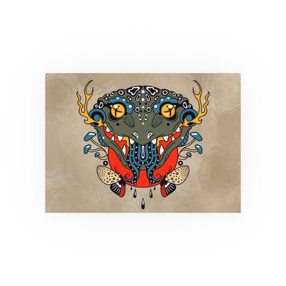 Colorful tattoo-style illustration of a frog on a beige background, digital art print by a transgender artist