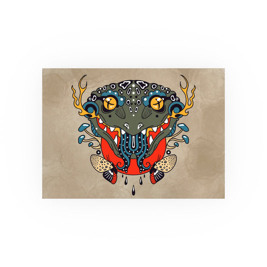 Colorful tattoo-style illustration of a frog on a beige background, digital art print by a transgender artist
