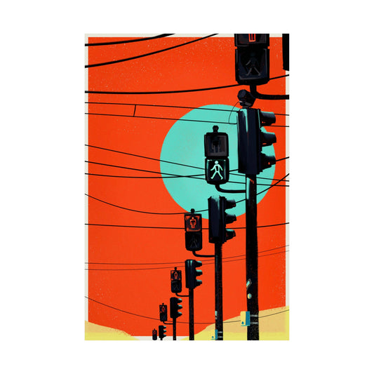 Artistic depiction of traffic lights against a orange background with a blue circle, digital art poster by a transgender artist.
