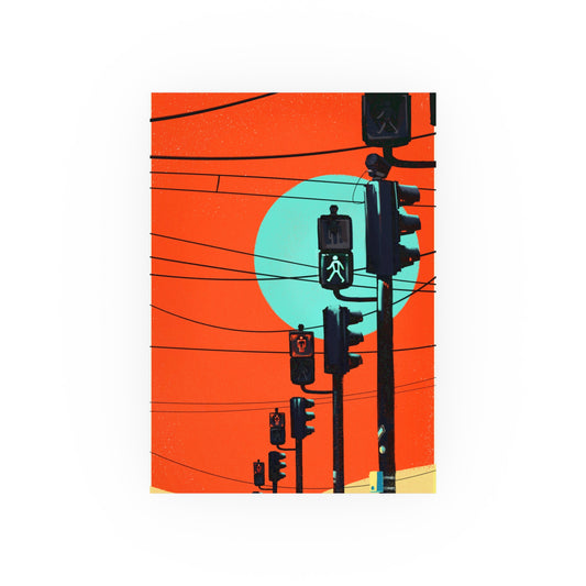 Illustration of traffic lights against an orange background with a blue circle, digital art print by a transgender artist.