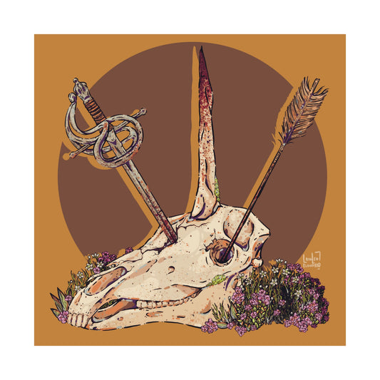 illustration of a unicorn skull with an arrow, sword, and flowers on a brown background, digital art poster by a transgender artist.